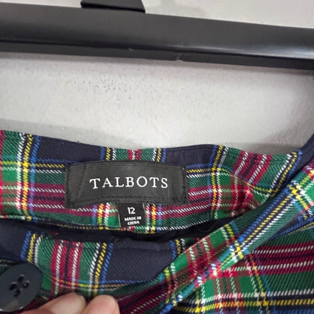 Talbots Womens 12 Plaid Wool Blend Ankle Pants Green Red Blue Bow Hem Trousers - Picture 2 of 10